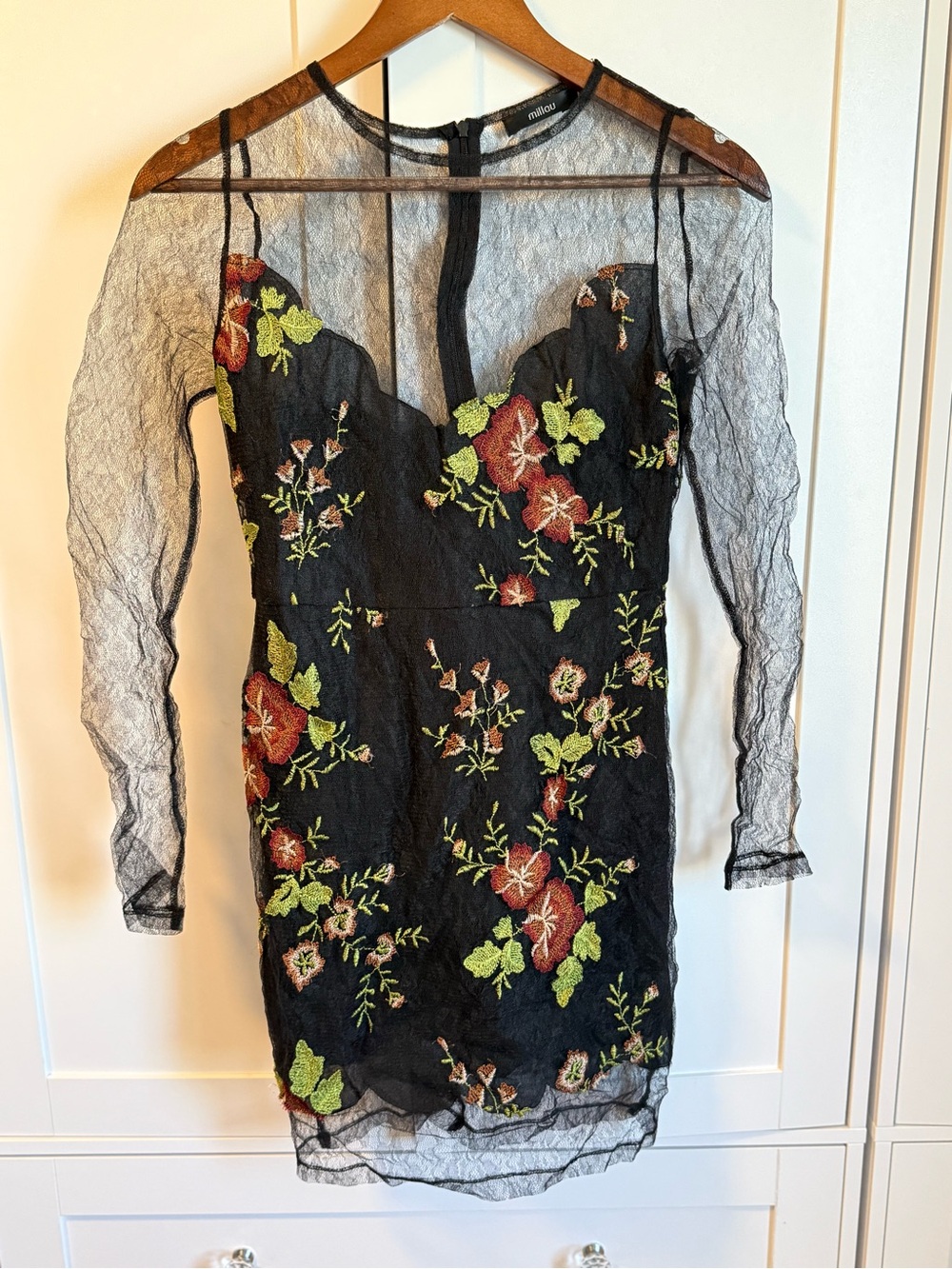 Millau Black Sheer Long-Sleeve Dress with Red Floral Embroidery
